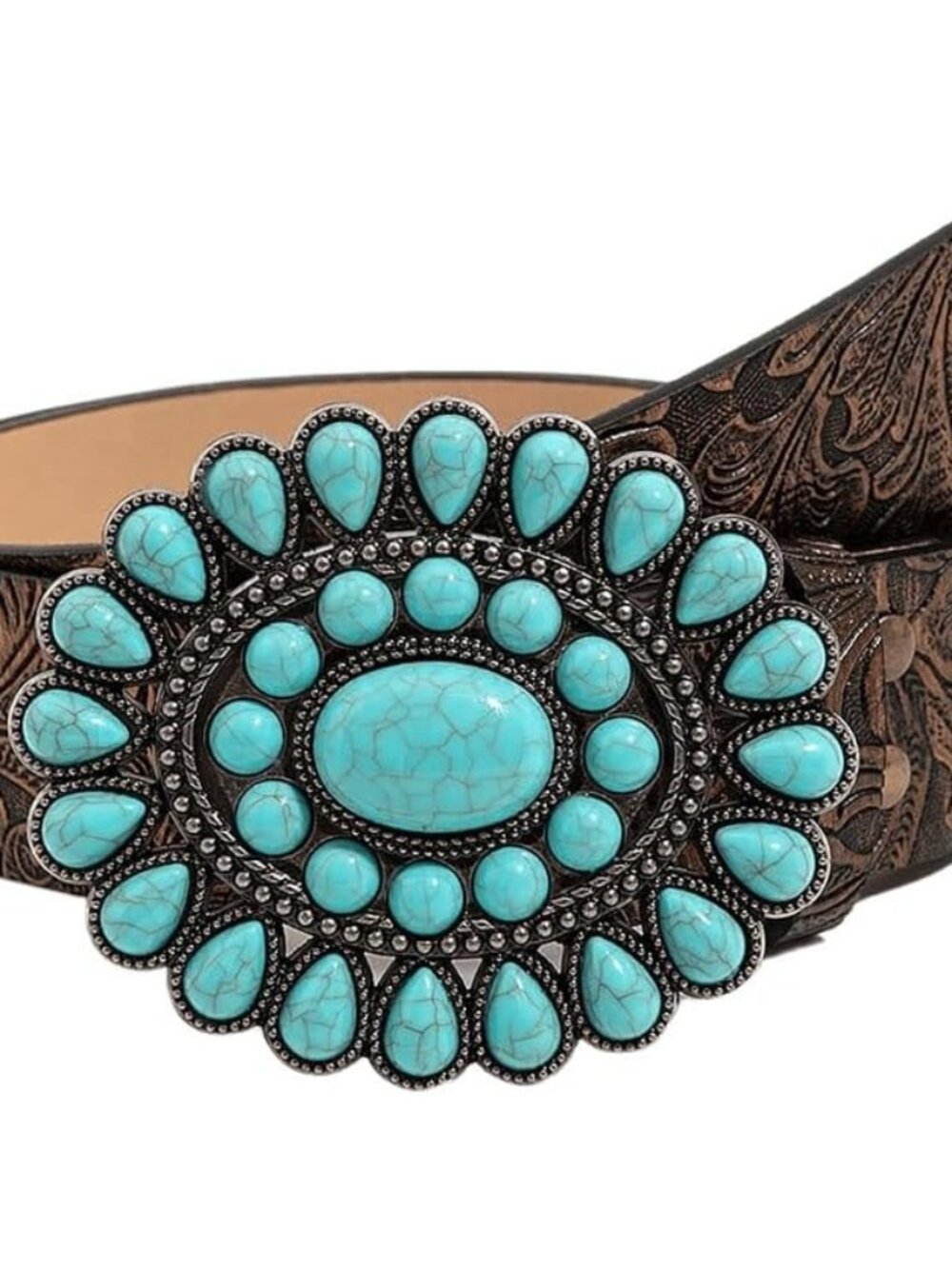 Women's Western Leather Belt Vintage Turquoise Buckle Waist Belt for Dress